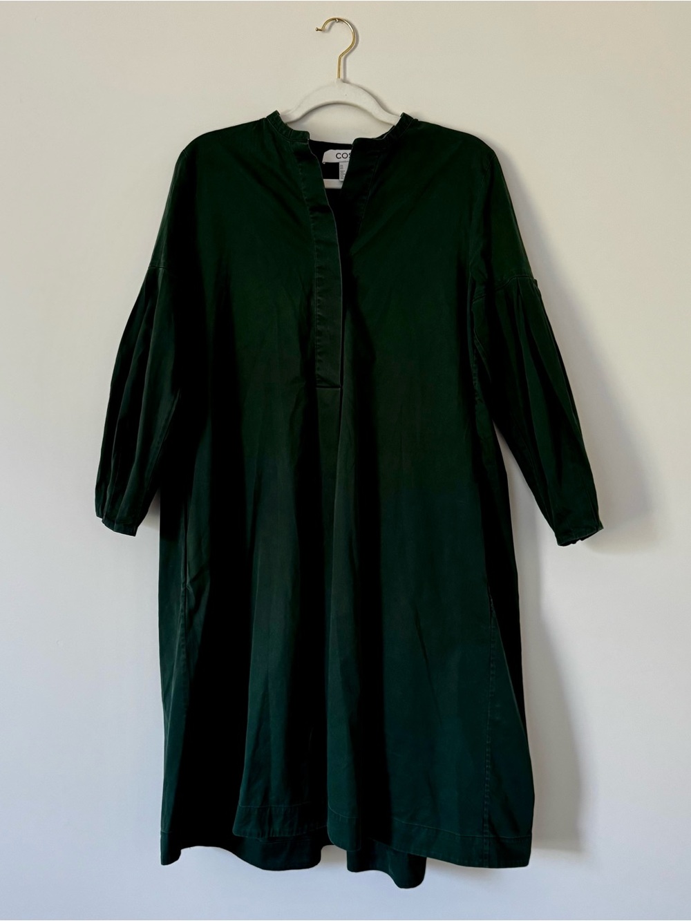 COS 100% Cotton Pleated Shirt Dress, Dark Forest Green – Size 6
